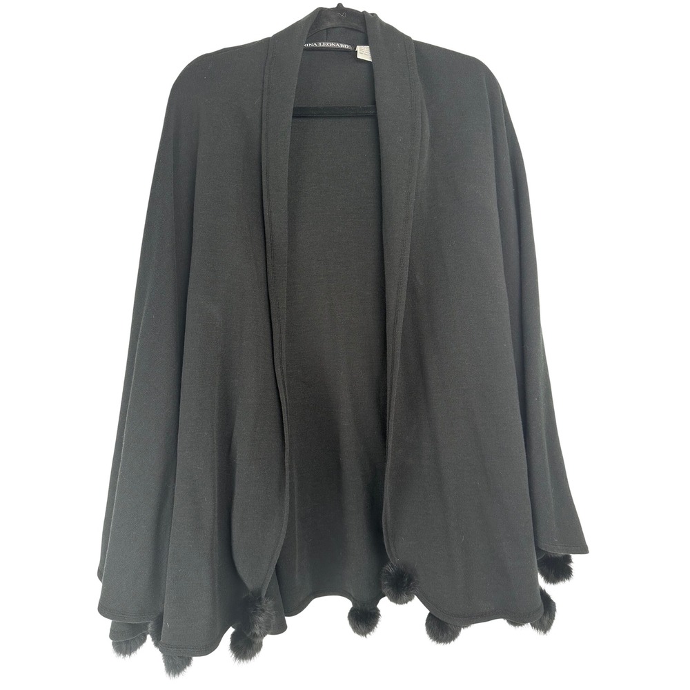 Nina Leonard Black Knit Shawl Wrap Faux Fur Pom Pom Trim Wool Blend One Size